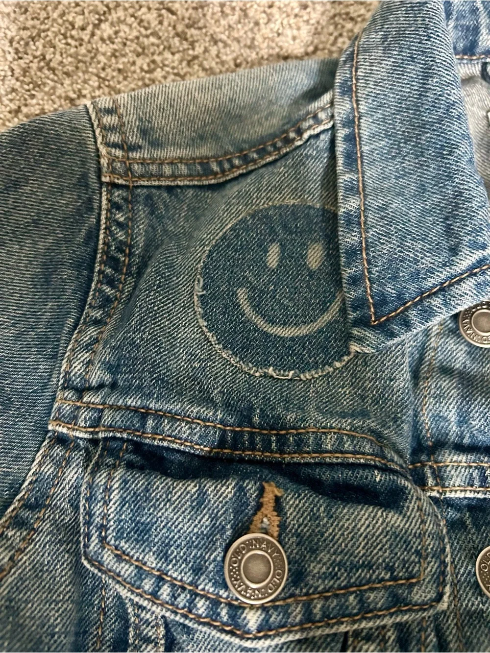 Old Navy Distressed Denim Jean Jacket with Smiley and Rainbow Accents